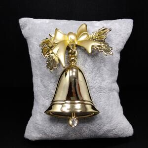 Christmas Bow & Bell Brooch, Articulated Rhinestone Ringer, 1960s Vintage